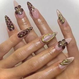 ＴＩＺＹＦＦ Press on Nails, 3D Gold Line Leopard Fake Nails, Artificial Nails for Women and Girls -24 pcs