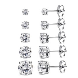 Minnario 5 Pairs Stud Earrings Set, Hypoallergenic Cubic Zirconia 316L Earrings Stainless Steel 14K White Gold CZ Earrings