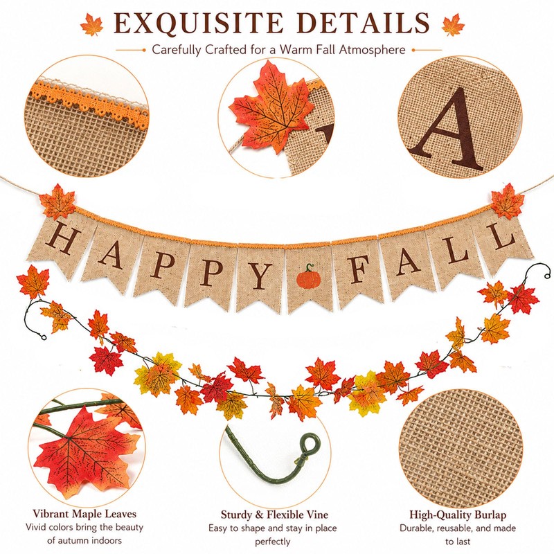 Happy Fall Burlap Banner with Maple Leaf Garland