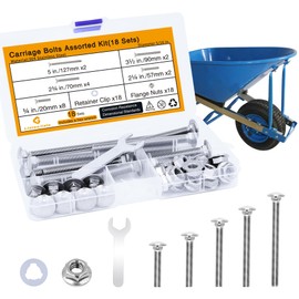 Wheelbarrow Carriage Bolts and Nuts Kit,5/16-18 Stainless Steel Carriage Bolts 5",3-1/2",2-3/4",2-1/4",3/4",Flange Hex Nuts,Retainer Clips,Hex Wrench,Wheelbarrow Handles Replacement kit(18 Sets)