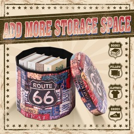 B FSOBEIIALEO Folding Storage Ottoman Round, Faux Leather Foot Rest Seat, Storage Organizer Toy Chest 15" (Route 66 Barrel)