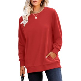 RUMIA Crewneck Fall Sweatshirts for Women Trendy- Women's Plain Long Sleeve Pullover Tops with Pockets Fashion Red