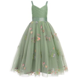 OBEEII Flower Girl Dress for Wedding Pleated V Neck Satin Back Floral Embroidery Tulle Princess Dress Junior Wedding Birthday Pageant Formal Ball Prom Gown Sage Green-Floral 9 Years