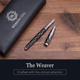 ‘The Weaver’ Black Executive Fountain Pen, Ultra Smooth Polished Resin, Premium Chrome Accents, Steel Nib, Easy Refill Ink Piston Converter, No Bleed No Smudge, Fits Our Easy Insert Ink Cartridges