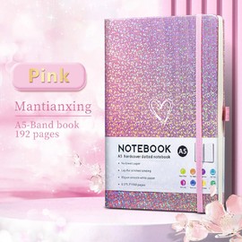 HJWKJUS Bling A5 Notebook with Pen, Lined Journal Notebook A5 Notepad for Girls Women,Cute Heart Pattern Design Glitter Laser Diary College Ruled Hardcover Notebook for Work, School, Note Taking, Business (Pink)