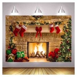 XLL Christmas Photography Backdrops Christmas Fireplace Decoration Background for Photo Happy Holiday Party Decoration Props 7x5FT(210CM X 150CM)
