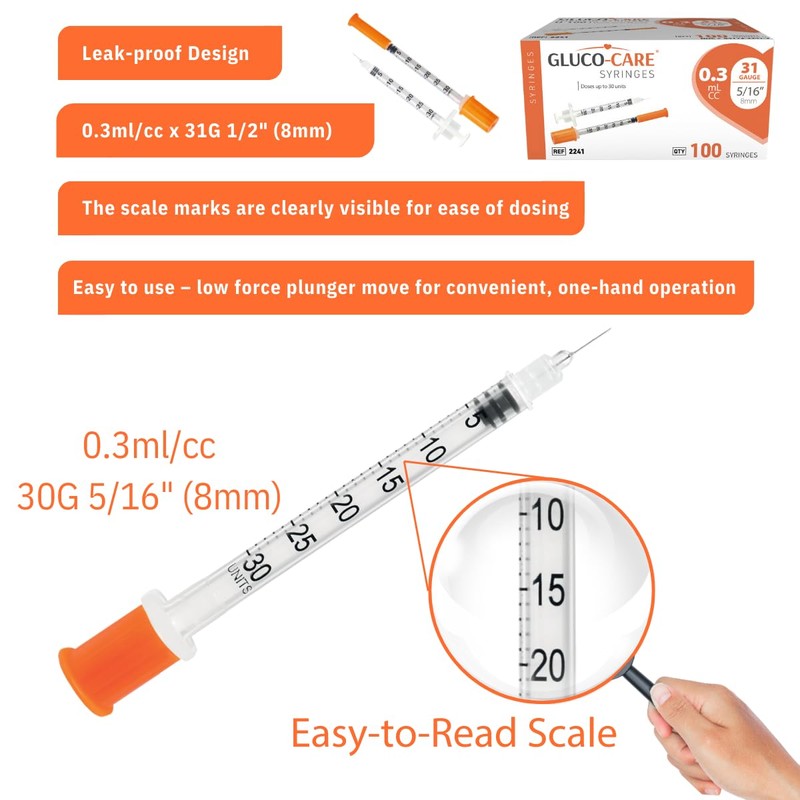GLUCO-CARE 0.3 ml/cc Syringes 31G x 5/16’’ (8mm), Orange Cap,