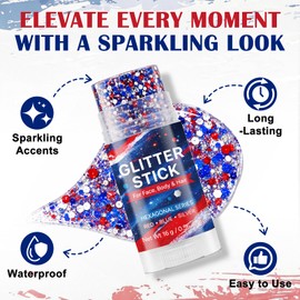 Red White Blue Glitter Stick - Hexagonal Patriotic Body Face Glitter Gel Makeup for Women Kids - Hypoallergenic Alcohol Free Hair Glitter for 4th of July, 250th Independence Day Outfits, Soccer Game