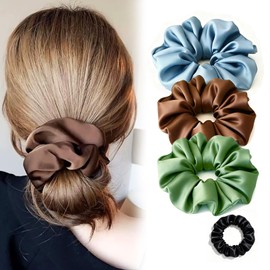 justcoco Large Scrunchie, Hair Elastic, Satin, Large Capacity, Set of 3 Colors, Green, Blue, Brown, Small Black, Includes 1 Piece, Hair Ornament, Cute, Hair Accessory, Women's, Adults, Stylish, Hair