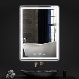 GatherWay 24 Inch Round LED Bathroom Mirror with Lights - Modern Frameless Wall Vanity Mirror with Stepless Dimming, Front+Backlight, Anti-Fog & Memory Function Smart Circle Mirror
