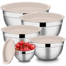 E-far Stainless Steel Mixing Bowls with Lids, 5-Pack Metal Nesting Bowls with Airtight Covers for Cooking, Baking, Serving, Storage, Non-toxic & Dishwasher Safe, Size 4.6/3/1.5/1/0.7QT - Khaki