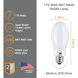 Diodesy- M57 Metal Halide Lamp 175W High Intensity Discharge Lamps Probe Start E26 Medium Base 4200K Cool White 13000 Lumen White Coated Finish HID Elliptical Lamp 10,000 Hours Life Pack of 2
