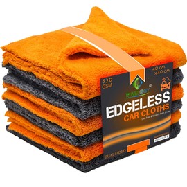 Towelogy® 520gsm Professional Microfibre Edgeless Car Cloths QUICK DRY for Auto/Moto Detailing Polishing Washing STREAK FREE & LINT FREE 40x40cm (Grey/Orange, Pack Of 6)