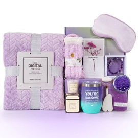 Self Care Gifts for Women, Get Well Soon Gifts, Relaxing Spa Care Package with Luxury Flannel Blanket, Christmas, Valentines, Mothers Day Gifts for Women, Mom, Wife, Girlfriend (11pcs, Purple)