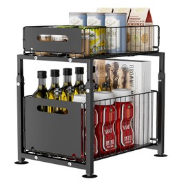 Dreamhigh Kitchen Cabinet Organiser, Extendable, Base Cabinet Organiser with Double Layer Telescopic Drawer, Base Cabinet Organiser, Kitchen Extendable, Height Adjustable, for Sink and Bathroom (Black)