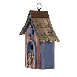 Glitzhome Wooden Patriotic USA Hanging Birdhouse for Outside Garden Bird House with Door Handle