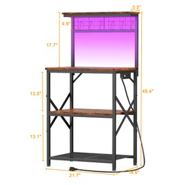 Furologee Bakers Rack with Power Outlet and LED Light, Small Microwave Stand with 4 Tier Shelves, Coffee Bar Station Table with 6 S Hooks, Kitchen Storage Rack for Spices, Pots, Rustic Brown