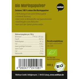 Wohltuer Bio Moringa Pulver in Rohkostqualität | Moringa oleifera | Bio Moringablätter gemahlen (500g)