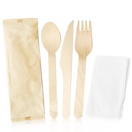 BULK HEAVY WEIGHT Cutlery Individually Wrapped Natural Wooden Cutlery Knife, Spoon, Fork Pack and Napkin - Extra Strong & Extra Resistant/Eco-friendly