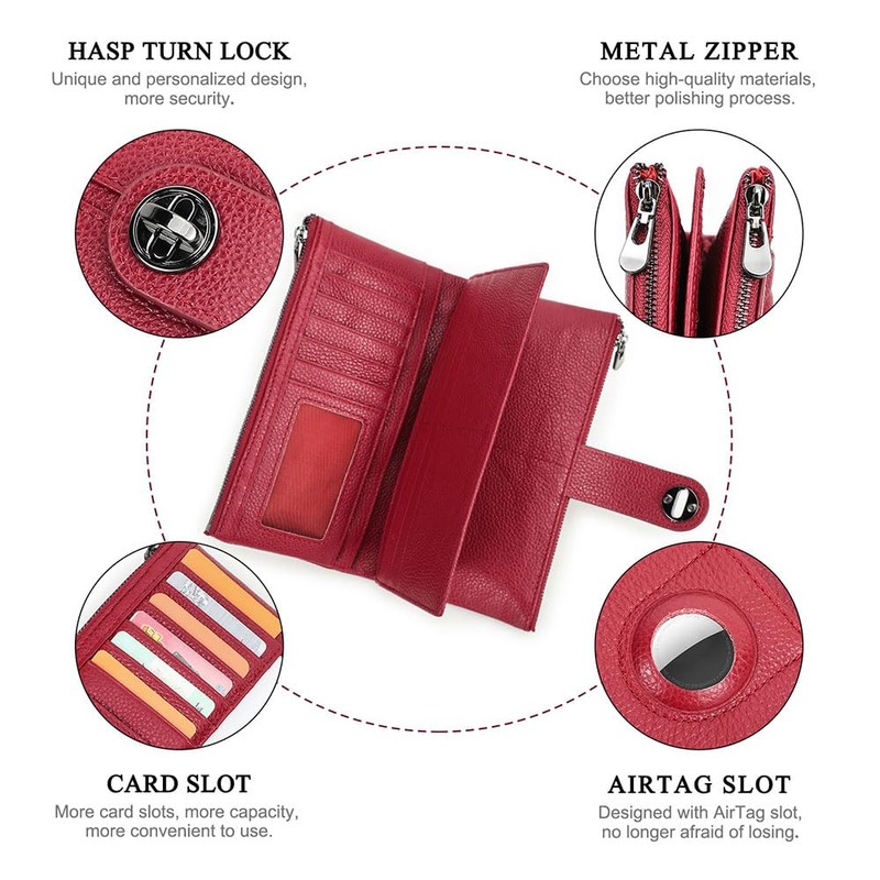Contacts Airtag Wallet Leather Turnlock Clutch Purse Womens Zipper Phone