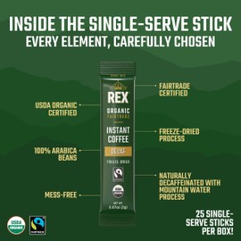 Rex Coffee Organic Fairtrade Decaf Freeze-Dried Instant Sticks – Naturally Decaffeinated Arabica, 300 Single-Serve Packs, Mountain Water Process