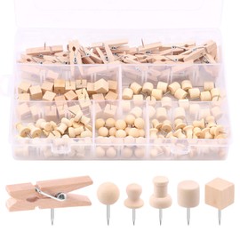 Swpeet 135Pcs 6 Types Wood Push Pins Assortment Kit, Wooden Head Pins Steel Thumb Tacks Clips Push Pins for Cork Boards Map Photos Home Office Craft Projects