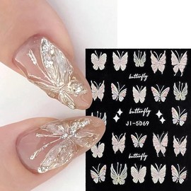 Butterfly Nail Stickers - 3PCS 5D Embossed Aurora Butterfly Nail Decal Nude Pink Shining Butterfly Nails Adhesive with Designs Nail Supplies Butterfly Sticker for Nails Women DIY Manicure Decoration