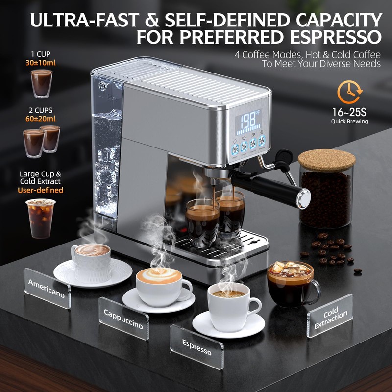 LERTIN Espresso Machine, 20Bar Compact Stainless Espresso Maker, With Milk