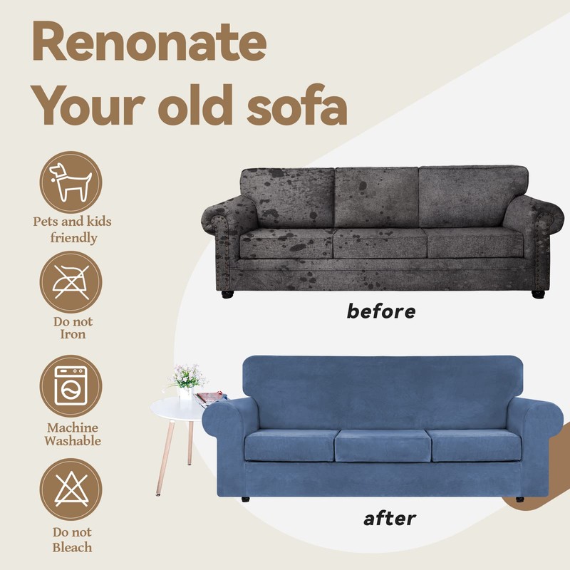 WEERRW Velvet Plush Fabric 4 Pieces Sofa Covers for 3
