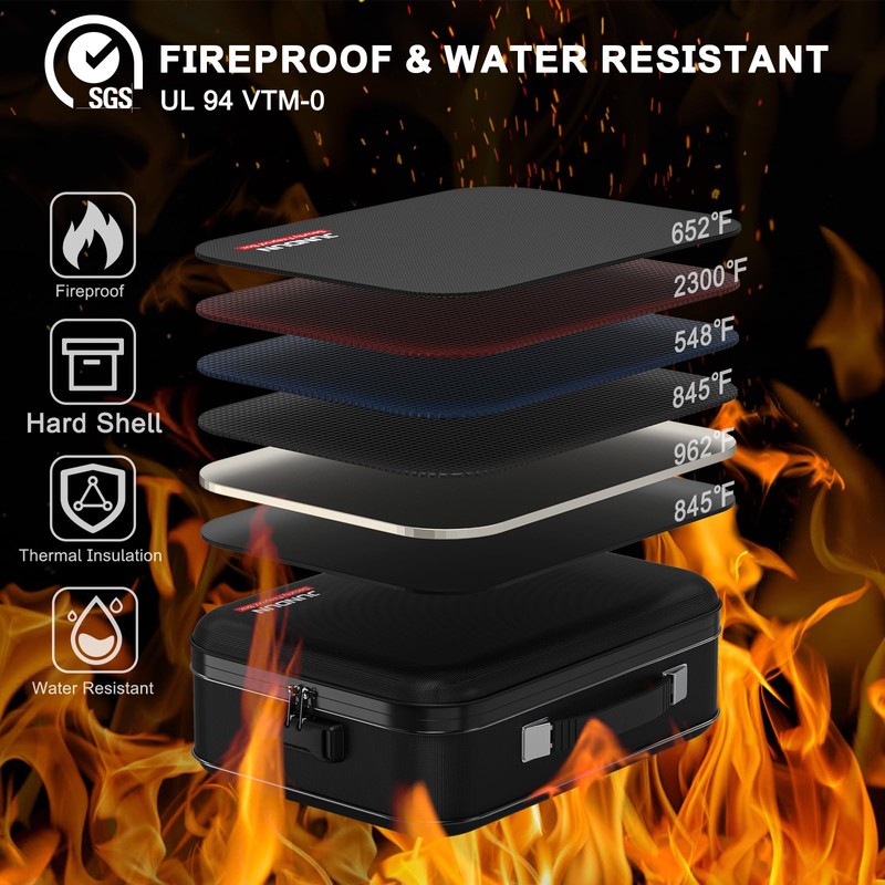 JUNDUN Fireproof Document Box,Hard Case Fireproof Document Organizer with Lock，Home