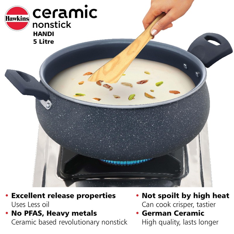 Hawkins Ceramic Nonstick Handi, 5 Litre, Induction Biryani Pot, Granite