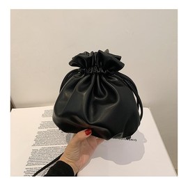 PETITCHOU Pouch, Pleat, Drawstring Shoulder, Diagonal, Compact, Small, Lightweight, Korean PU Leather, Black