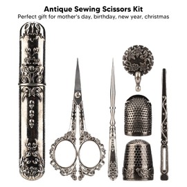 European Sewing Tool Kit, Vintage Embroidery Scissors and Case with Thimble and Needle Bottle for Sewing Needlework Cross Stitch Craft Accessories(Silver)