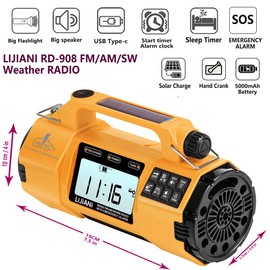Emergency FM/AM/SW Weather Radio, Big Flashlight/Speaker,Type-C,Sleep Timer Alarm Clock, Solar/Hand Crank Charge, 5000mAh Replaceable Battery,with Cell Phone Charger Hurricane Survival kit
