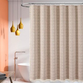 Colorigan Boho Farmhouse Shower Curtain - 72x72 Inches Linen Rustic Fabric Shower Curtain Set with Tassel, Water Repellent Cloth, Modern Bohemian Chic Country Bathroom Shower Curtains