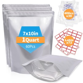 NexLevVac 60PCS 1Quart 7"X10" Mylar Bags for Food Storage with Oxygen Absorbers&Lables,10 Mil Thick Resealable Stand-Up Zipper&Heat Sealable Bags for Long Term Food Storage,Dried Food