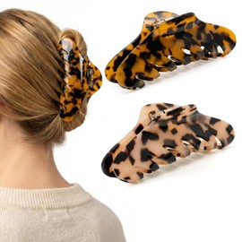2 Pack Large Claw Clips for Thick Hair, Tortoise Shell Claw Clip for Women, Non-Slip Big Hair Clips, Leopard Print Tortoise Claw Clip, Strong Hold Big Claw Clips for Thin Hair