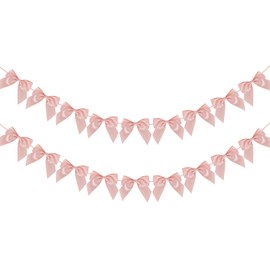 RICHHHA 2 Strings of 18pcs Champagne Pink Bow Garlands Banner Decoration,Pre-Strung Satin Ribbon for Girl Birthday Anniversary Bridal/Baby Shower Wedding Bachelorette Party Graduation Party Supplies