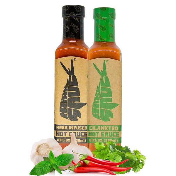 Hank Sauce Hot Sauce Variety Pack - Versatile Hot Pepper Sauce with Fresh Garlic, Herbs & Peppers - Hot Garlic Sauce with Mild Heat & Unique Flavors - Herb-Infused & Cilanktro - 2 x 8 Ounces