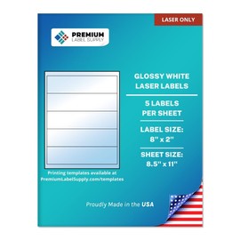 Premium Label Supply Glossy White Water Bottle Sticker Labels – NOT Waterproof – 8" x 2" – (5 Labels/Sheet) (Glossy White for Laser Only, 50 Labels)