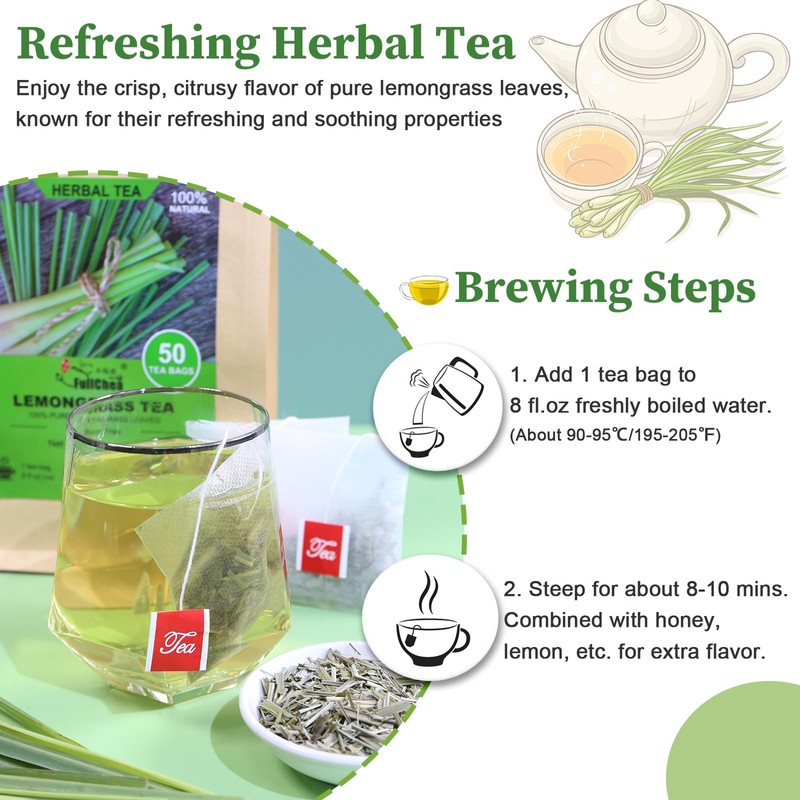 Fullchea - Lemongrass Tea Bags, 50 Teabags - Refreshing Herbal