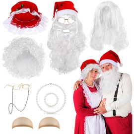 11 Pcs Christmas Mrs Claus Costume for Women Santa Wig and Beard Set Mrs Claus Hat Old Lady Wig Santa Wig and Beard Set White Santa Claus Wig and Beard Christmas Hat Glasses for Cosplay Party