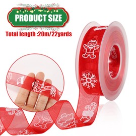 Christmas Ribbon, 22 Yards x 1 Inch Narrow Decorative Christmas Ribbon Delicate Printed Wired Satin Ribbon for Crafts Making Gift Wrapping Tree Winter Holiday Xmas Decorations (Red)