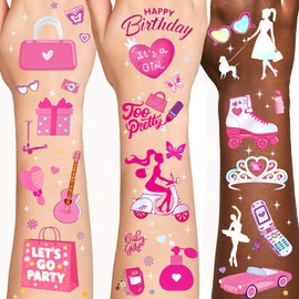 82 PCS Pink Metallic Tattoos, 4 Sheets Pink Glitter Temporary Tattoos, Pink Birthday Party Supplies, Pink Party Favors, Cute Decorations, School Rewards, Gifts Ideas for Girls