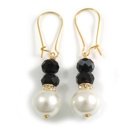 Stylish Black/White Glass Bead Drop Earrings With Gold Tone Bean Shape Hook Closure - 5cm Total Drop