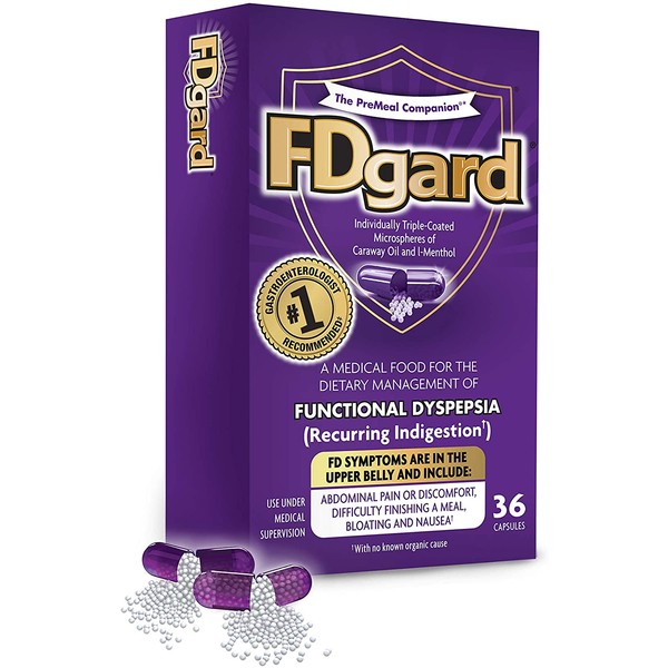 FDgard® for Functional Dyspepsia (Recurring Indigestion) Symptoms Including, Abdominal Discomfort, Difficulty Finishing a Meal, Bloating, Nausea, 36 Capsules