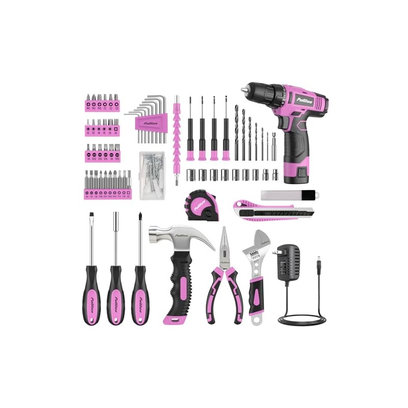 PULITUO Drill Set, 149-Piece Home Tool Set with 12V Pink