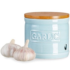 ONEMORE Garlic Keeper with Lid, Ceramic Garlic Saver 4 inch, Light Blue