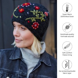 Pachamama Women Wool Beanie Hat Handknitted Flower Embroidery Multicoloured One Size Handmade Extra Warm