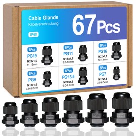 Pack of 67 Waterproof Cable Gland PG7, PG9, PG11, PG13.5, PG16, PG19 Cable Gland Waterproof, Cable Glands Joints with Seals for Control Box Junction Box